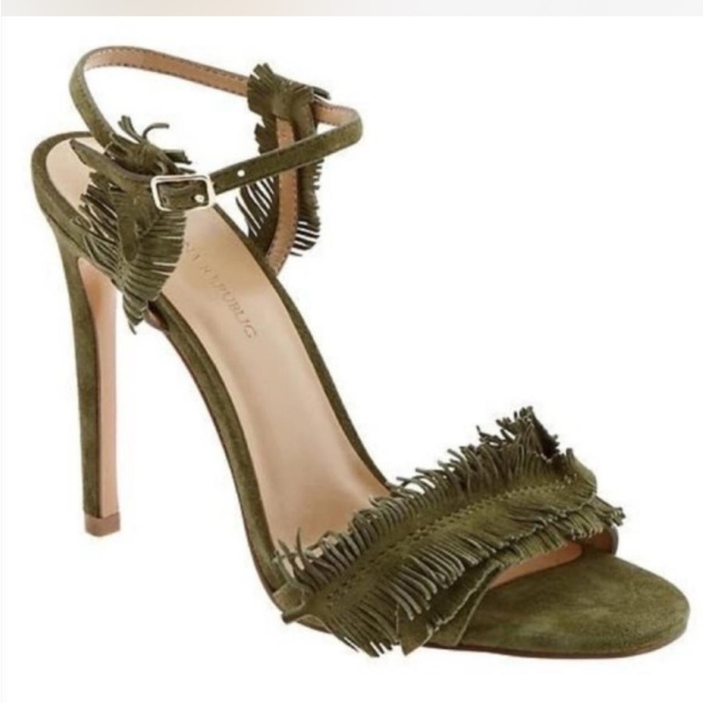 Banana Republic Suede Fringe Heel Sandals Olive Green Sz 6.5